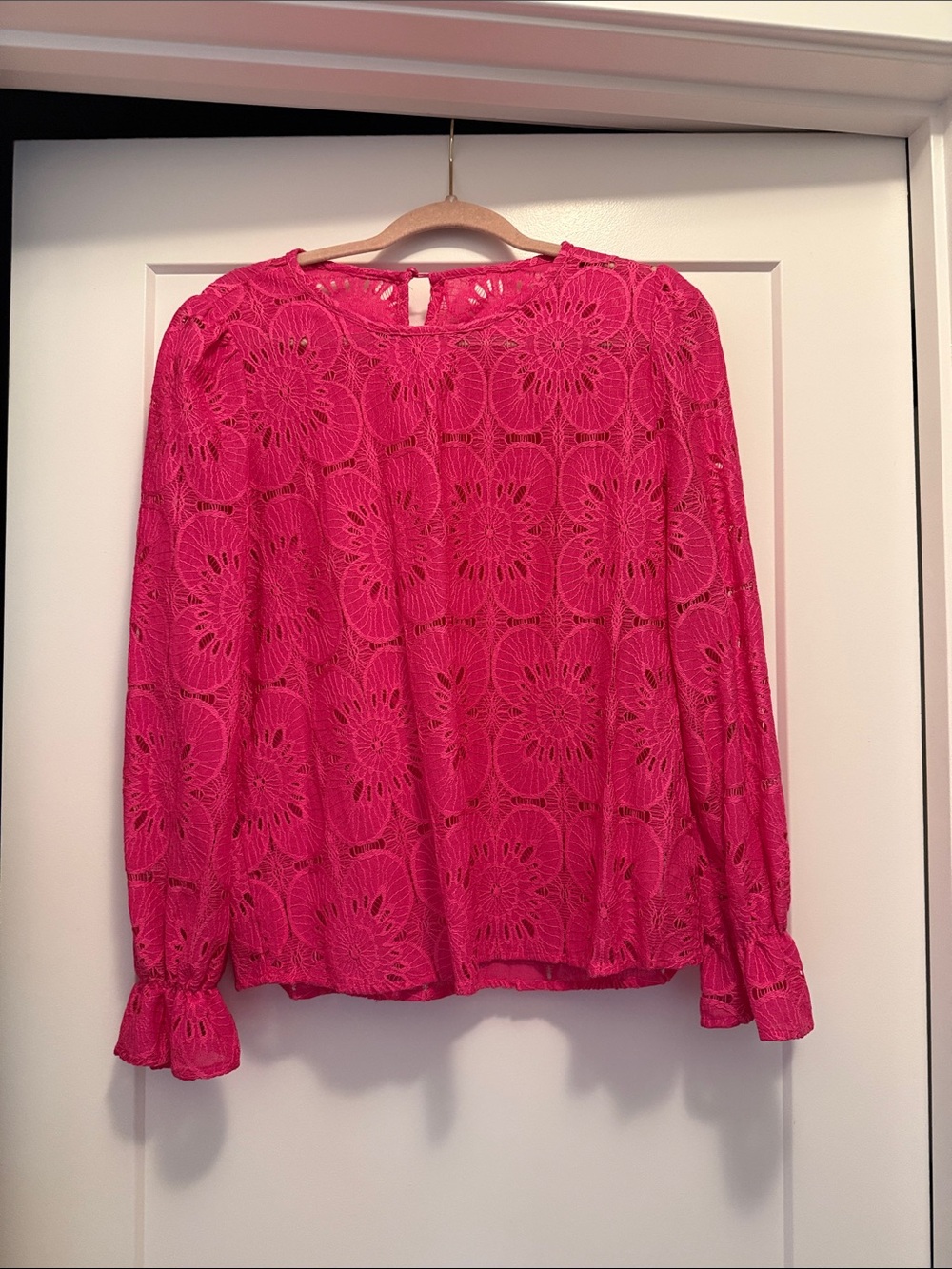 Women's Fuchsia Crochet Lace Long-Sleeve Blouse